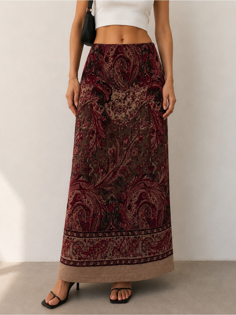 Briggs New York Women’s Paisley Maxi Skirt Size 12 Brown Burgundy Pull-On